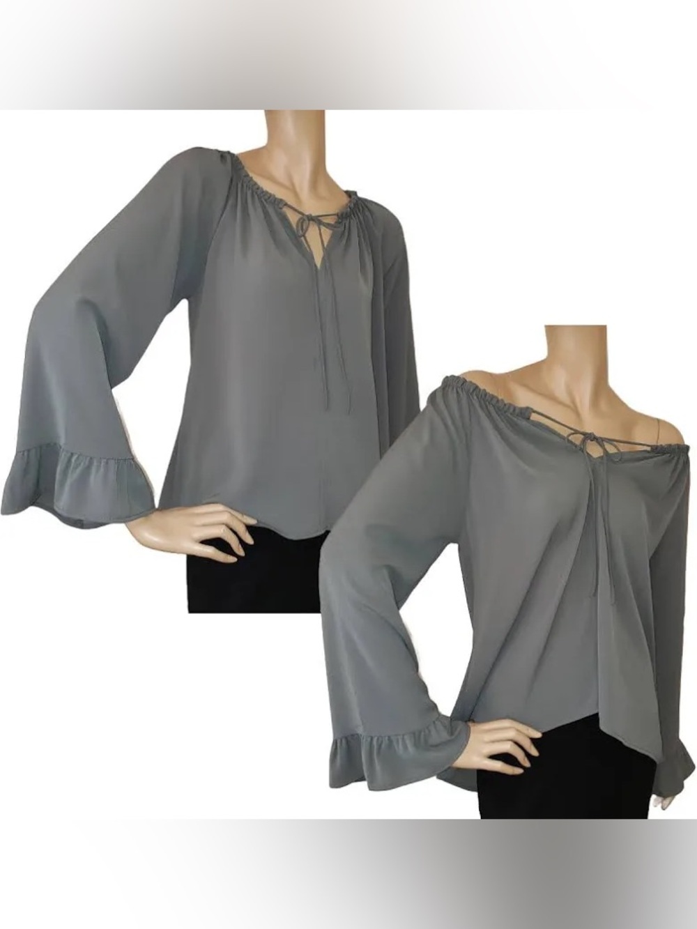 VICI Gray Smocked Ruffle Off-Shoulder Long Sleeve Blouse Top - Size Small